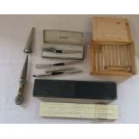 Selection of Parker pens, French glass knife rests, Blundell holophane slide calculator and a Middle