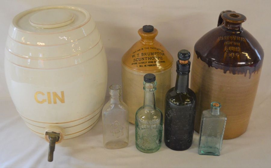 Large gin barrel, stoneware flagons & local bottles including Mark Smith Chemist of Louth,