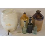 Large gin barrel, stoneware flagons & local bottles including Mark Smith Chemist of Louth,
