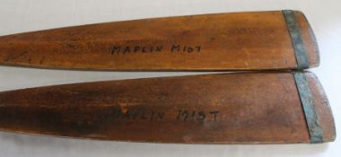 Pair of vintage wooden oars with painted boat name "Maplin Mist" on each blade