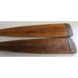 Pair of vintage wooden oars with painted boat name "Maplin Mist" on each blade