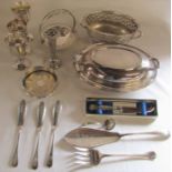 Selection of silver plate inc tureen and goblets together with a boxed silver handled cheese knife