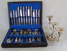 Cased half canteen of silver plated kings pattern cutlery & Viners Alpha plated candelabra