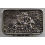 Silver snuff / pill box with foliate thumbpiece and embossed scene depicting Capricorn / a sea