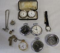 Continental silver fob watch & white metal fob watch, silver watch chain, small silver compass in