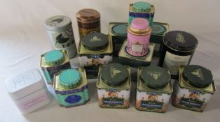 Selection of empty tea canisters from Harrods, Fortnum & Mason, Bettys and Harvey Nichols