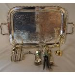 Silver plate tray, toast rack, candlestick, cutlery & a cheese cutter