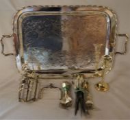 Silver plate tray, toast rack, candlestick, cutlery & a cheese cutter