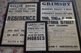 3 framed auction posters from 1910 to 1922 relating to Abbey Road, Victoria Street & Garth Lane in