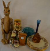 Wooden jointed hare, clock in an oak case, silver rim vase, 3 Lenox gilded plates etc