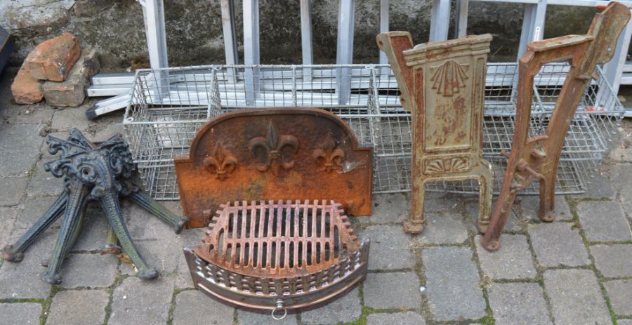 Galvanized school plimsoll holders, 2 cast iron bench ends (not matching), fire grate & table legs