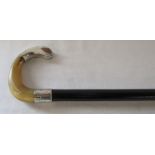 Silver and horn handle ebonised walking stick, H 88 cm, London 1907