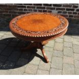 Indian/Pakistani round coffee table with carved & inlaid brass decoration D 81 cm