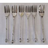 Set of 6 Continental silver twisted stem cake forks with acorn finials, marked 835, weight 2.21 ozt