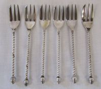 Set of 6 Continental silver twisted stem cake forks with acorn finials, marked 835, weight 2.21 ozt