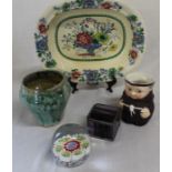 Masons Strathmore dish (chip to underside of rim), small art pottery vase, glass trinket pot, Hummel