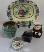 Masons Strathmore dish (chip to underside of rim), small art pottery vase, glass trinket pot, Hummel