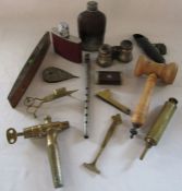 Selection of items inc hip flask, spirit level by Elliot Lucas, opera glasses, brass tap, gavel etc