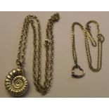 Silver ammonite pendant on chain & silver chain with heart pendant 1.06ozt in total