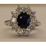 18ct white gold sapphire & diamond cluster ring with central sapphire approximately 1.70ct