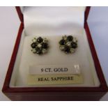 Pair of 9ct gold sapphire and diamond cluster earrings, weight  2 g D 9 mm