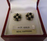 Pair of 9ct gold sapphire and diamond cluster earrings, weight  2 g D 9 mm