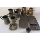 Selection of antique pewter mugs, 2 treen mugs etc