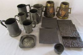 Selection of antique pewter mugs, 2 treen mugs etc