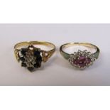 2 9ct gold rings (both af) - ruby and diamond ring, missing 2 stones, cut, size K/L weight 2.5 g,
