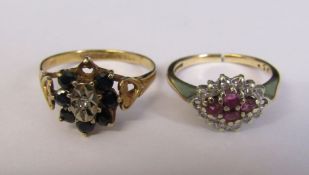 2 9ct gold rings (both af) - ruby and diamond ring, missing 2 stones, cut, size K/L weight 2.5 g,