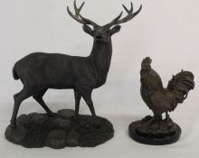 Bronze cockerel on marble base (21cm high) & resin bronze effect stag