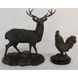 Bronze cockerel on marble base (21cm high) & resin bronze effect stag