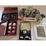 Stainless steel tea set, tankard, silver plated set of napkin rings and teaspoons, wine gifts,