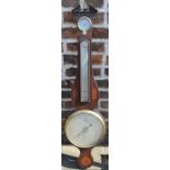 George III banjo barometer by J M Ronketti, Bloomsbury with silvered dial, broken pediment top &