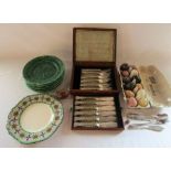 Cased fish knives and forks, onyx eggs, silver plate and plates inc Wedgwood