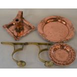 Arts & Crafts copper chamberstick, 2 copper trays & a pair of brass cornice pole brackets