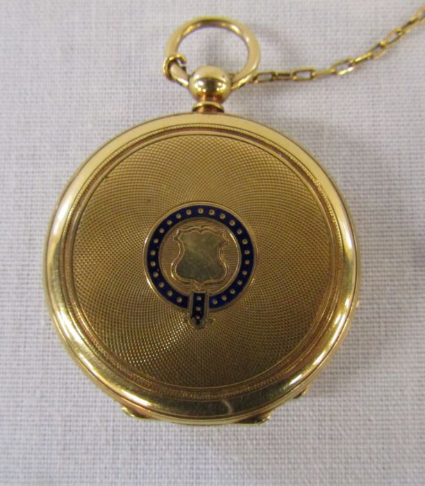 18ct gold ladies fob watch, total weight 27 g, D 3 cm (appears to be working although cannot - Image 2 of 5