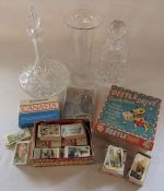 2 glass decanters, glass vase, vintage games, Coronation 1953 jigsaw and assorted cigarette and