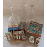 2 glass decanters, glass vase, vintage games, Coronation 1953 jigsaw and assorted cigarette and