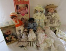 Selection of vintage dolls inc German dolls, boxed Tickles doll and miniature Japanese dolls