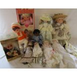 Selection of vintage dolls inc German dolls, boxed Tickles doll and miniature Japanese dolls