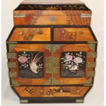 Early 20th century Japanese parquetry and lacquered table cabinet with hinged top, fitted drawers