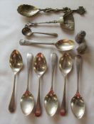 Set of 6 silver teaspoons Sheffield 1955 2.59 ozt, silver teaspoon and mustard spoon 0.50 ozt, 2