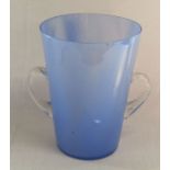 Large blue glass twin handled vase, 31cm tall