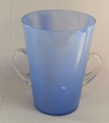 Large blue glass twin handled vase, 31cm tall