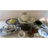 Assorted ceramics inc toilet set, Carlton ware and crested china, wooden biscuit barrel and drinks