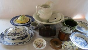 Assorted ceramics inc toilet set, Carlton ware and crested china, wooden biscuit barrel and drinks