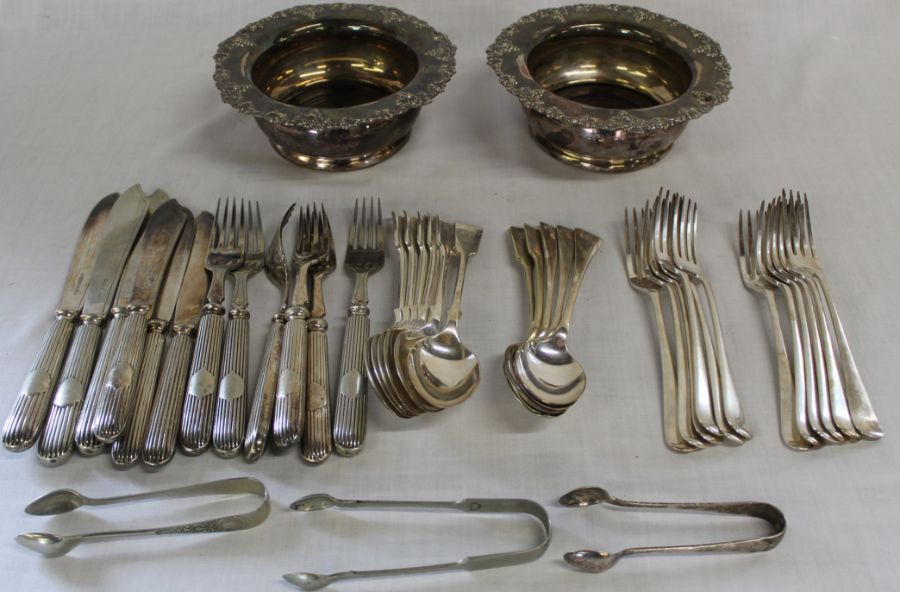 Selection of plated cutlery including Walker & Hall fish knives & forks and a pair of plated wine