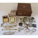 Wooden jewellery box L 24 cm H 12, selection of costume jewellery and watches & assorted coins inc