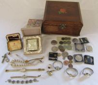 Wooden jewellery box L 24 cm H 12, selection of costume jewellery and watches & assorted coins inc